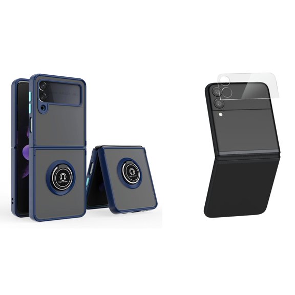 Bemz Accessory Bundle for Samsung Galaxy Z Flip 3: Magnetic Mount Ring Stand Transparent Hybrid Case (Deep Blue), Premium Glass Lens Protectors (2-Pack)