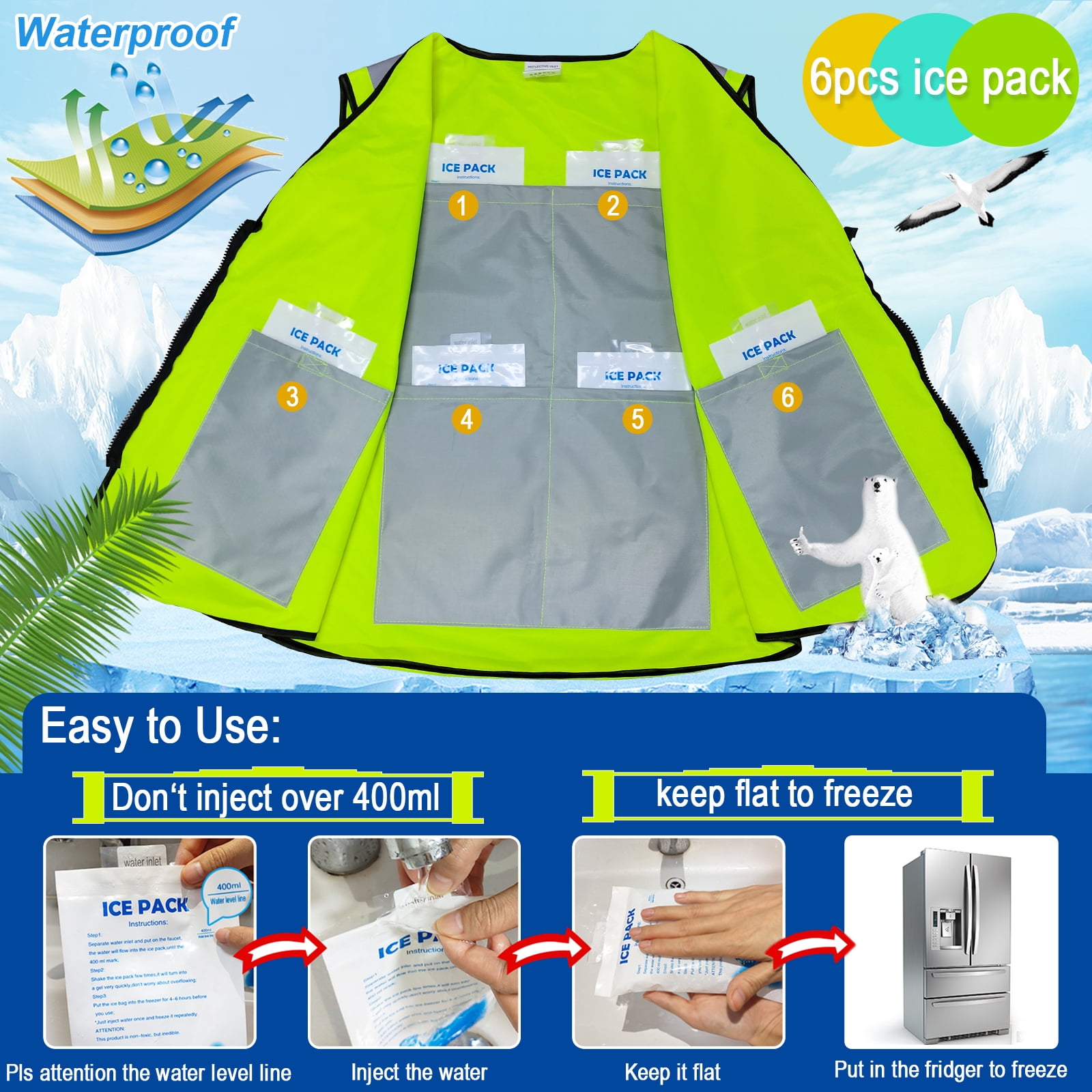 Cooling Safety Vest with Ice Packs - Construction Work Ice Cool Vest for Men Women with Multi-pockets