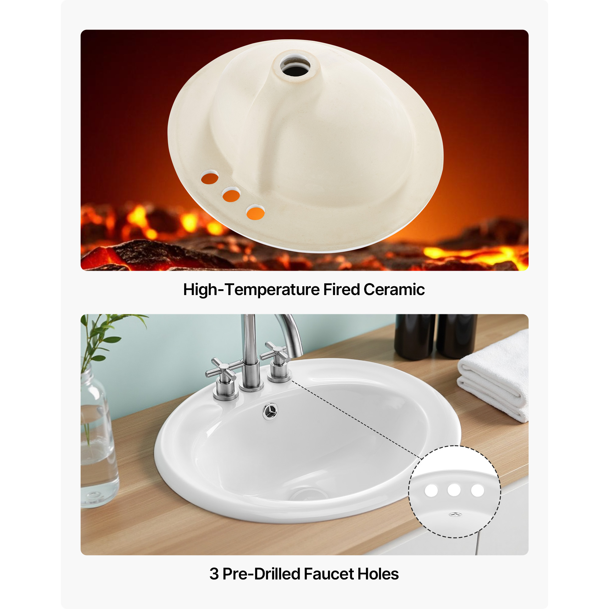 KFFKFF Semi-Recessed Bathroom Sink, 19.09 x 16.73 Inch Oval White Ceramic Basin with Overflow and 3 Faucet Holes, Drop-In Design for Modern Vanity or Compact Bathrooms