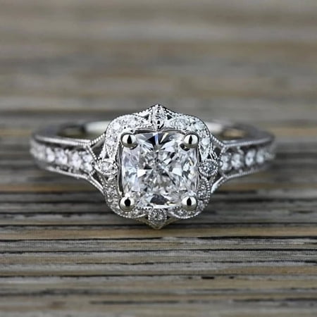 Silvago Jewel Excellent 1.90 Ct Cushion Cut Diamond Rings - 14K White Gold Over Solitaire Ring - Halo Engagement Wedding Toi Et Moi Rings - Solitaire with Accents Engagement Bridal Ring for Women's