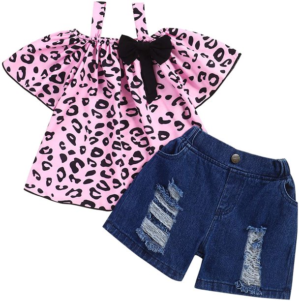 Baby Girl Summer Clothes Cotton Sling Top Cute Leopard Pattern Plus Denim Shorts Walmart Com Walmart Com
