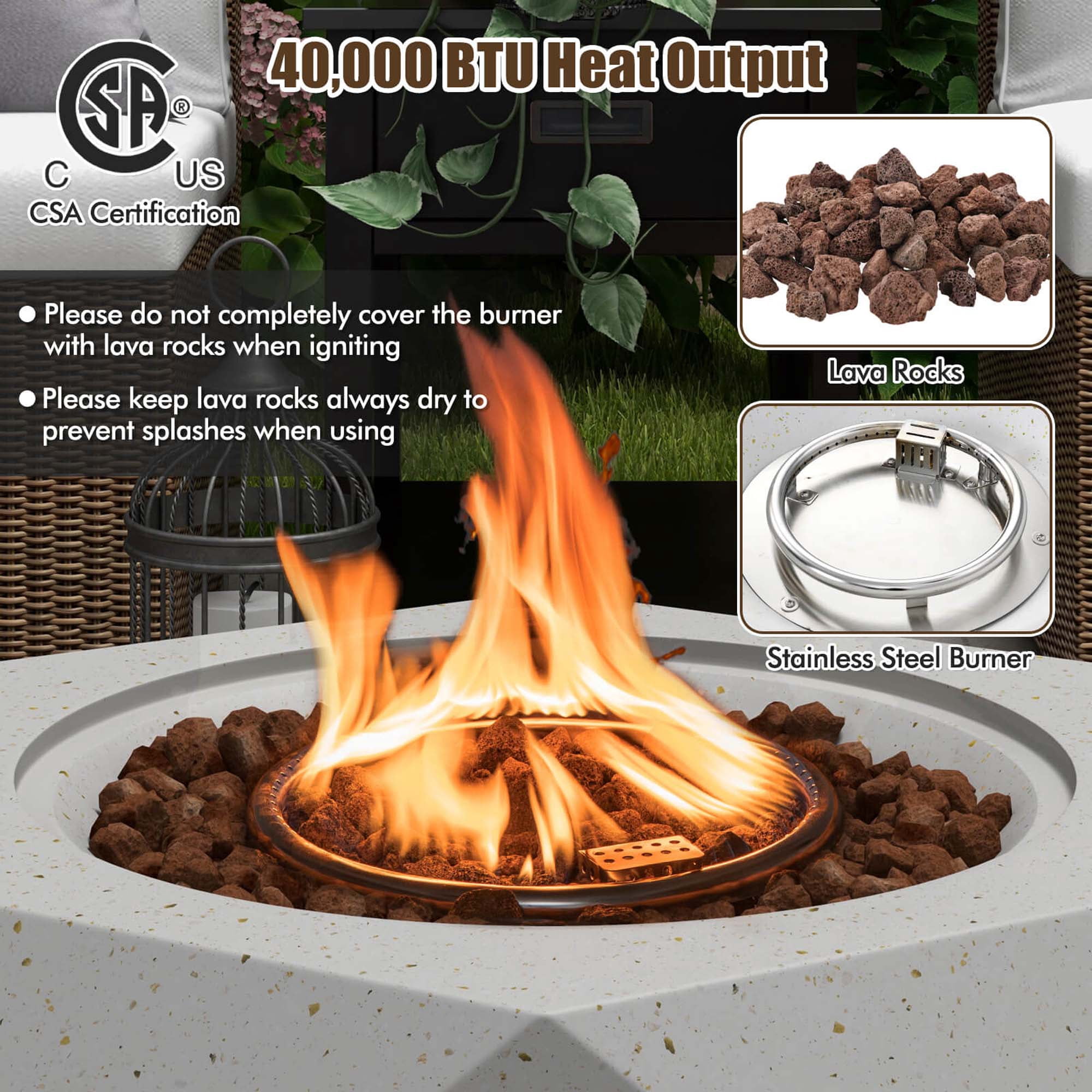Costway 28" Hexagon Terrazzo Propane Gas Fire Pit Table Set with Hideaway Tank Holder