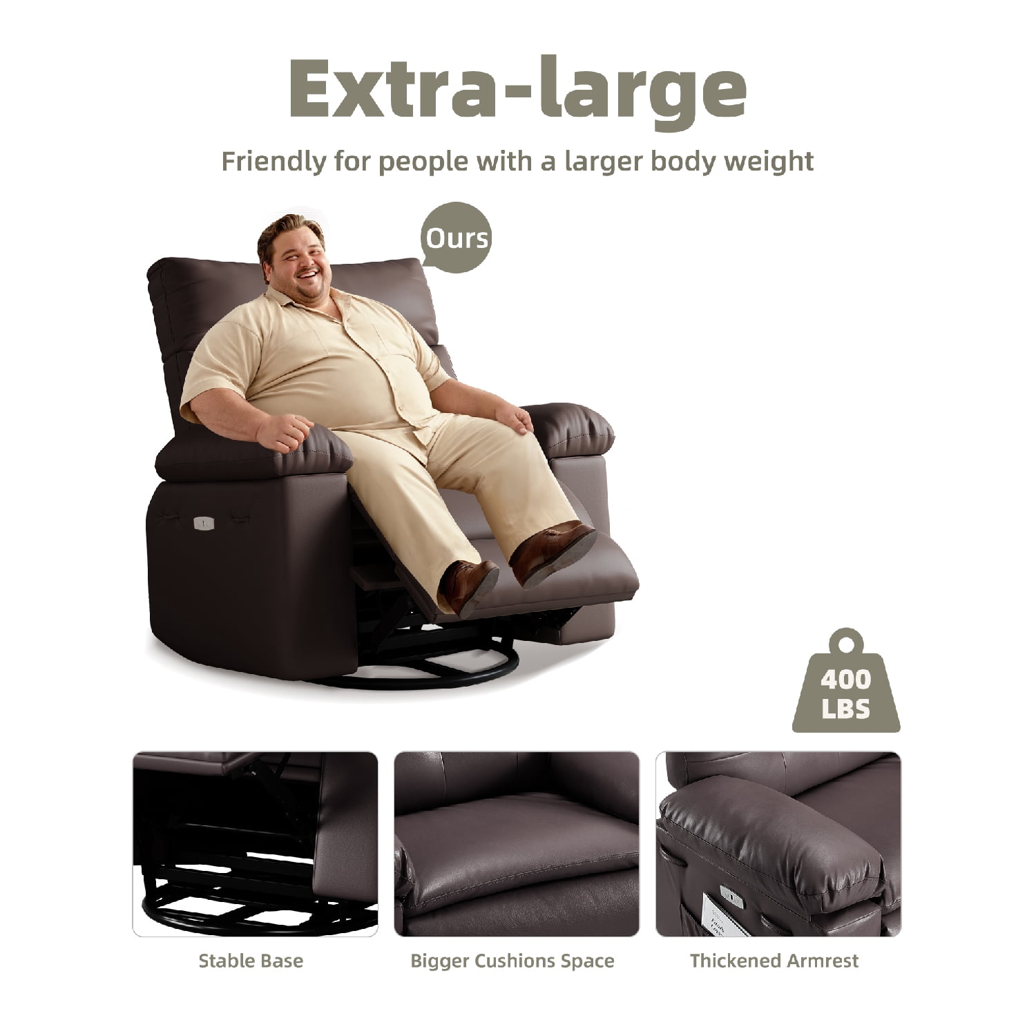 Shininglove 400LB PU Leather Recliner Chair w/Overstuffed Padding – Manual Recliner for Living Room, Bedroom | Oversized Comfort, 22" Seat