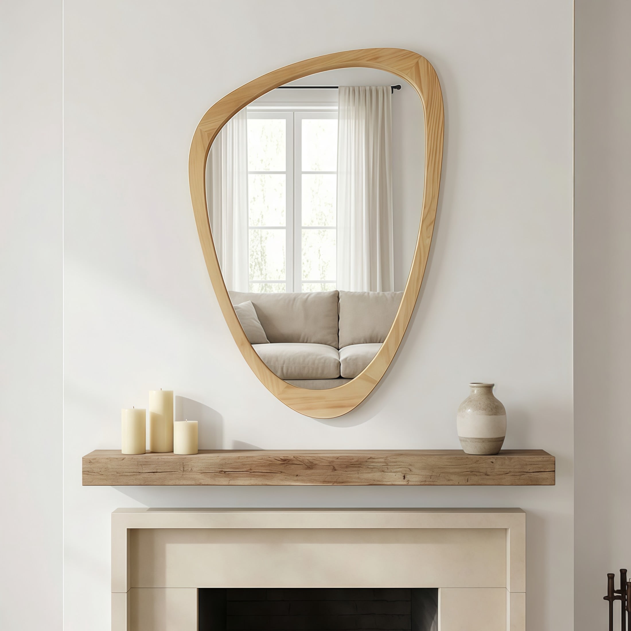 Noble House 24"x36" Irregular Solid Wood Wall Mirror, Modern Asymmetric Decorative Accent Bathroom Mirror, Oak