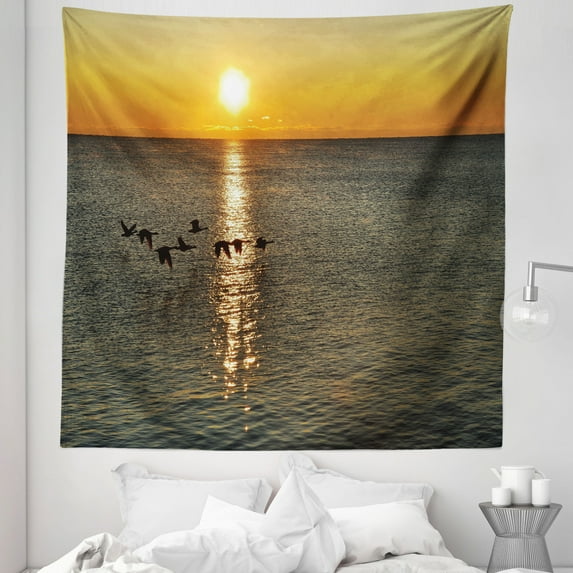 Bird Tapestry, Silhouettes of Canadian Geese Flying over a Lake at Sunrise Romantic Scenery, Fabric Wall Hanging Decor for Bedroom Living Room Dorm, 5 Sizes, Orange and Grey, by Ambesonne
