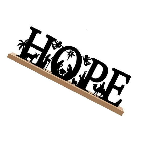 Christmas Indoor Decors Black Metal Nativity Scene Figurine with Wood Base Decoration for Home Table Shelf Ornament