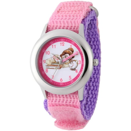 Disney Princess Belle, Mrs Potts, and Chip Girls' Stainless Steel Time Teacher Watch, Pink Hook and Loop Nylon Strap with Purple Backing
