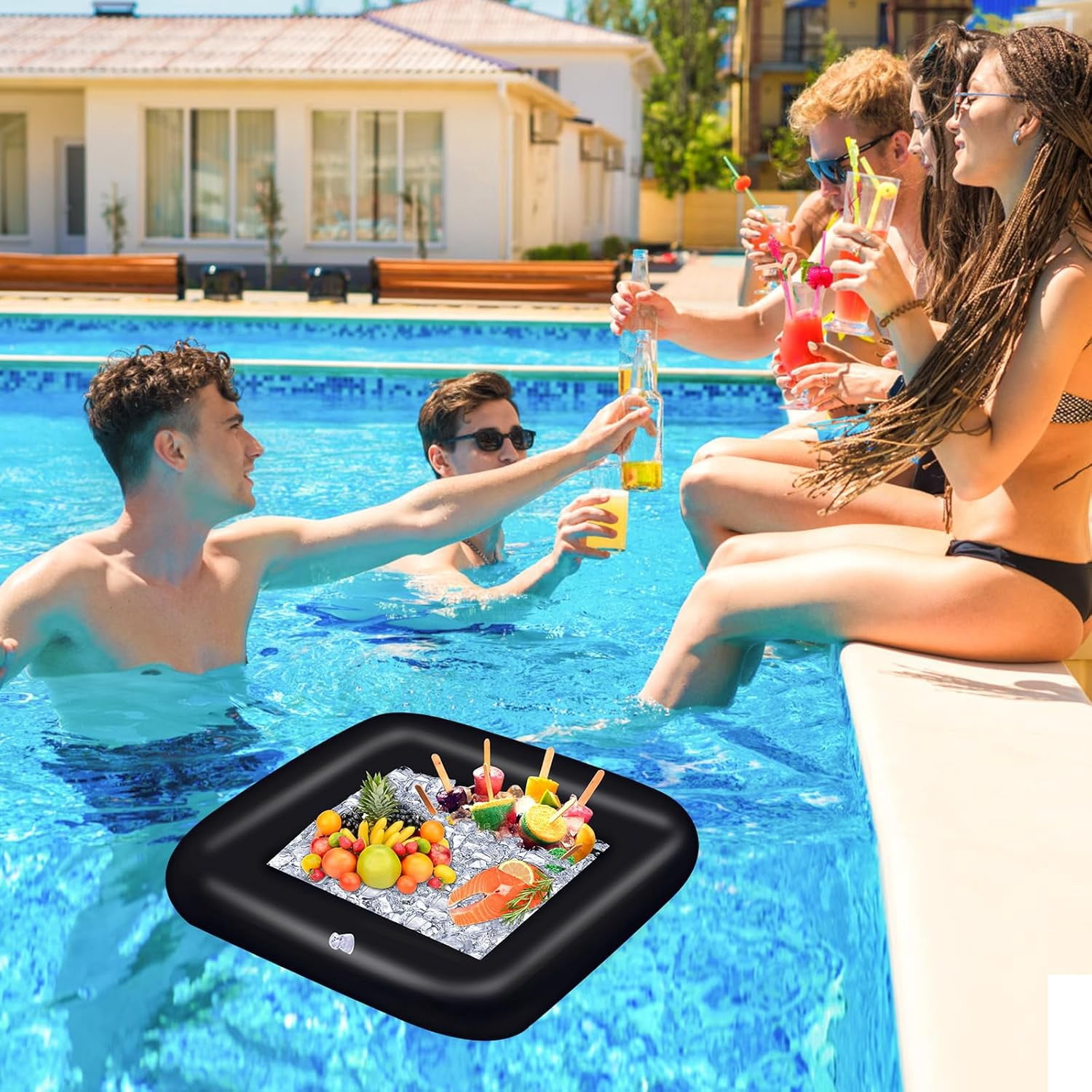 FENLEI Inflatable Ice Serving Bar Pool Party Buffet Drink Cooler Floating Food Drink Container with Inflator (Black 2 Big and 2 Small)