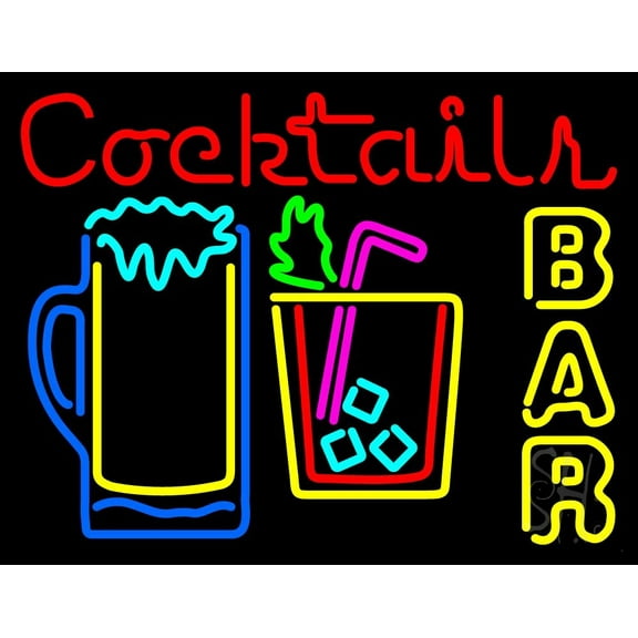 Cocktails Bar Open LED Neon Sign 15 x 19 - inches, Clear Edge Cut Acrylic Backing, with Dimmer - Bright and Premium built indoor LED Neon Sign for Bar decor.