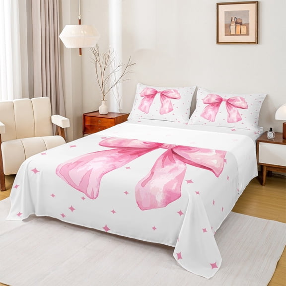 Feelyou Pink Watercolor Bowknot Twin Sheet Sets for Kids, Cartoon Stars Print Twin Fitted Sheet, Fairy Tale Princess Flat Sheet, Microfiber Bedroom Decor, 3pcs