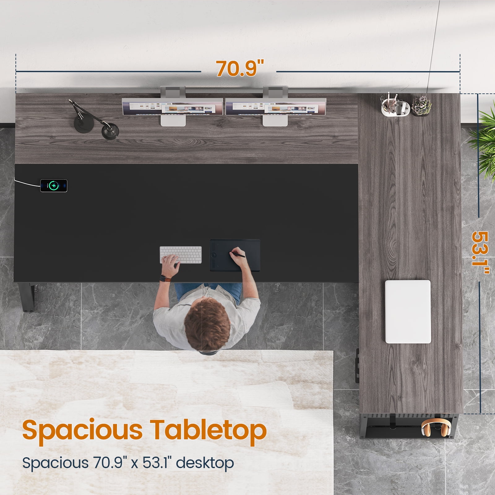 71" L-Shaped Executive Desk with Power Outlets & Mobile CPU Stand, Computer Desk with Storage Shelves, File Cabinet & Pegboard, Corner Desk for Office, Home, Grey