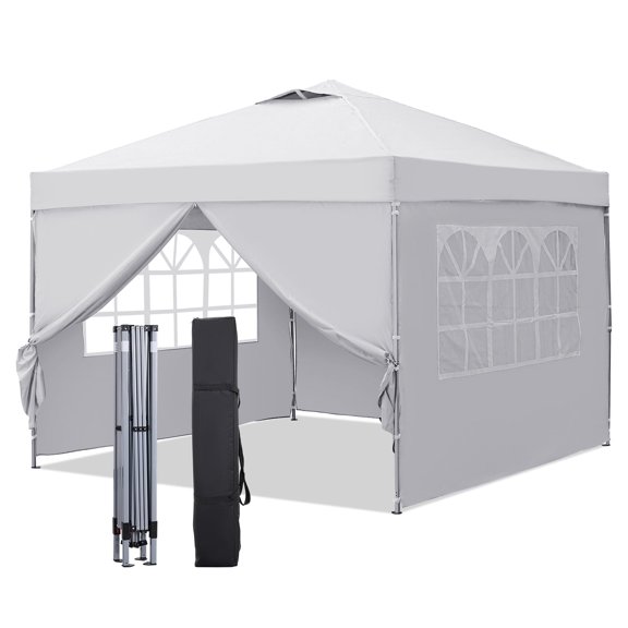 Outdoor Basic 10x10 Pop Up Canopy Tent with 4 Sidewalls, Easy Set up, Outdoor Silver Coated Beach Gazebos, Carpas with 4 Sandbags, for Outdoor, Parties,Camping, White.