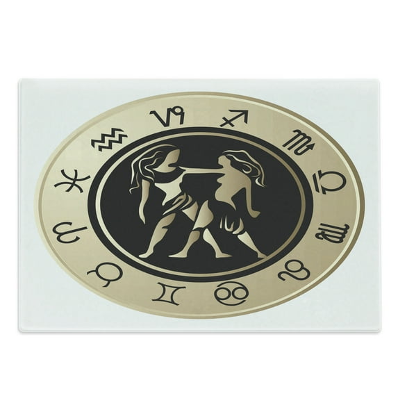 Zodiac Gemini Cutting Board, Birth Fortune and Prediction Cosmic Themes Circular Design Twins, Decorative Tempered Glass Cutting and Serving Board, Large Size, Sand Brown Black White, by Ambesonne