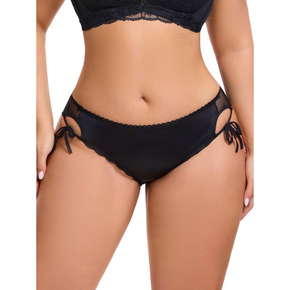 INSPIRE CHIC Women's Side Tie Panties Lace Mesh Sheer Underwear Low Rise Briefs Underpants Large Black