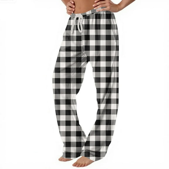 Women Winter Plaid Printed Pants Full Length Long Trousers Sports Pants with Drawstring for Classic and Comfortable Style,Black,M