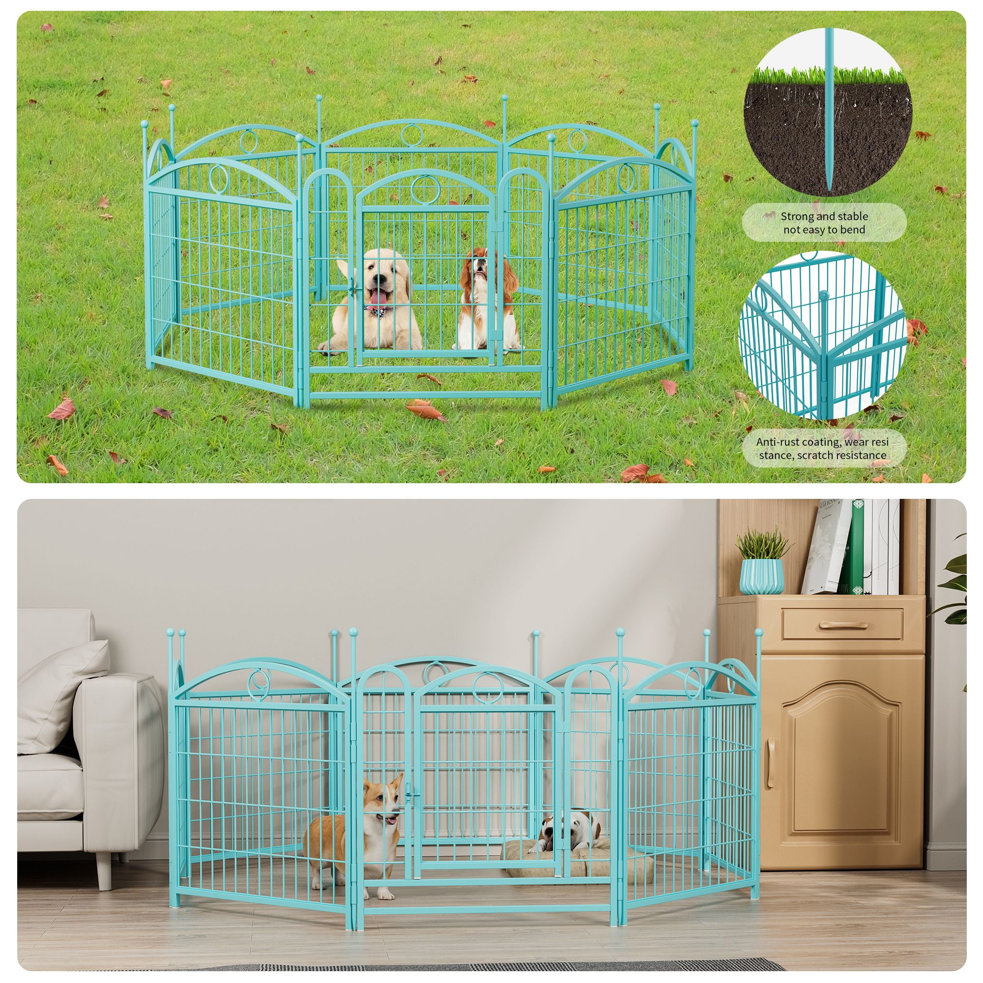 Pefilos Outdoor Dog Playpen with Doors, 24" 8 Panels Indoor Dog Fence Metal Dog Pen Pet Puppy Exercise Pen for RV Camping Garden Yard, Blue