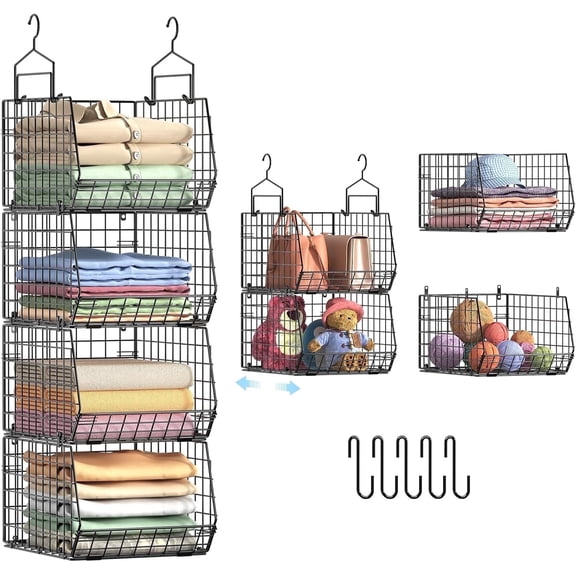 X-COSRACK 4-Tier Metal Hanging Closet Organizer, Heavy-Duty Foldable Wire Shelves with 4" Extra Deep Baskets & 5 S-Hooks, Modular Wardrobe Storage for Sweaters & Clothes