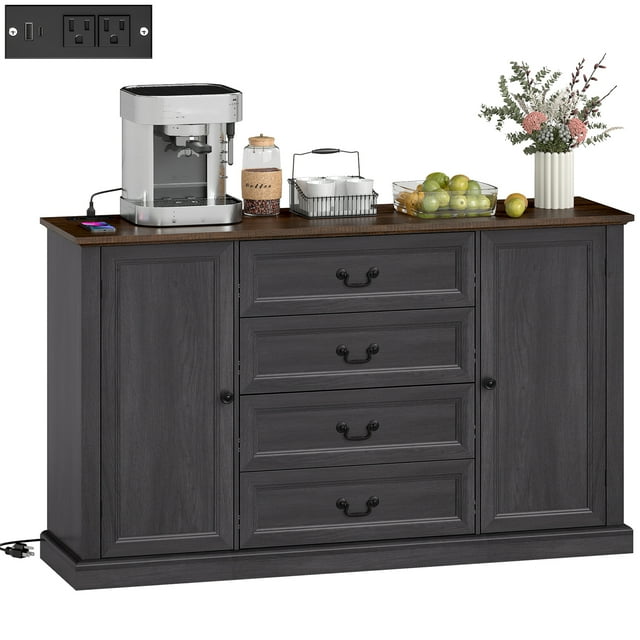 HOMCOM Buffet Bahut de 58 Pouces avec Station de Recharge Grain de Bois Noir