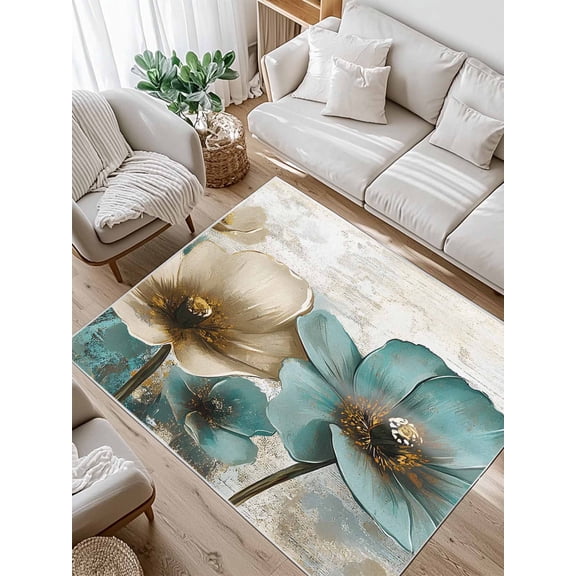 Retro Beige Teal Flowers Area Rug for Bedroom 2.7x5 Ft Vintage Background Pastoral Style Super Soft fuzzy Throw Rug Non-Slip Fluffy Plush Indoor Floor Carpet for Living Room Nursery Home Decor