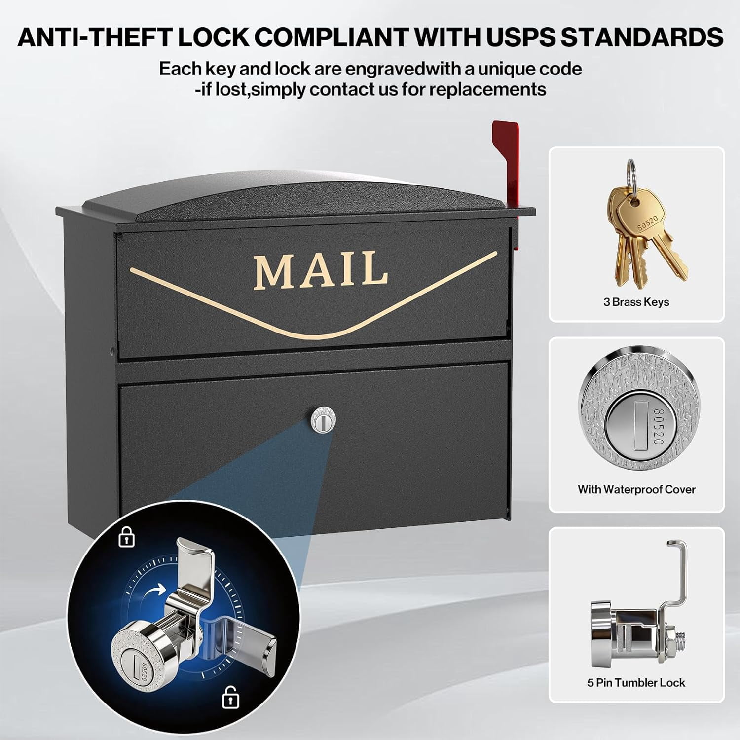 POCHAR Wall Mount Locking Mailbox for Outside, Rust-Proof Aluminum Outdoor Mail Box with Lock & Keys, Drop Box with Combination Lock with Outgoing Flag, Number Stickers (Classic Black)