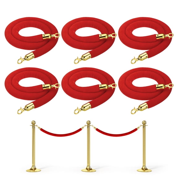 Uxcell 5 Feet Red Velvet Stanchion Rope Crowd Control Barrier Rope with Snap Hooks for Posts Stands, Golden 6 Pack