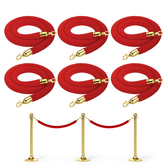 Unique Bargains 5 Feet Red Velvet Stanchion Rope Crowd Control Barrier Rope with Snap Hooks for Posts Stands, Golden 6 Pack