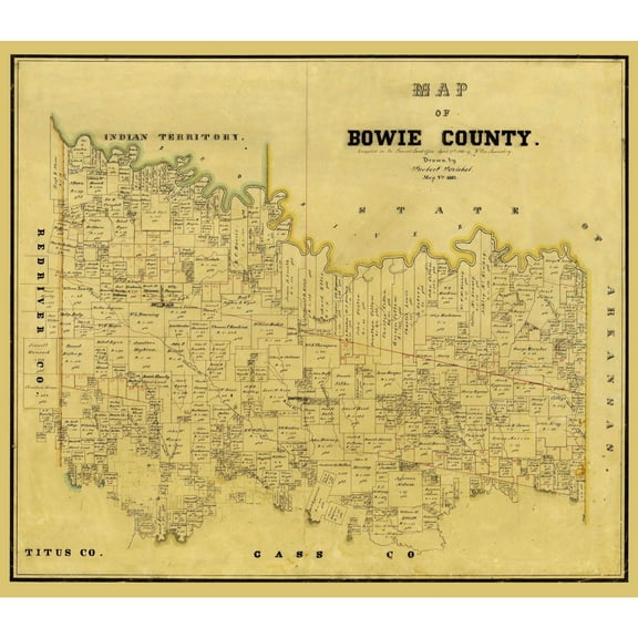 Historic County Map - Bowie County Texas - Rosenberg 1860 - Vintage Wall Art