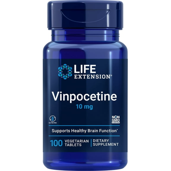 Life Extension Vinpocetine, derived from periwinkle plant, concentration and memory, gluten-free, non-GMO, vegetarian, 100 tablets