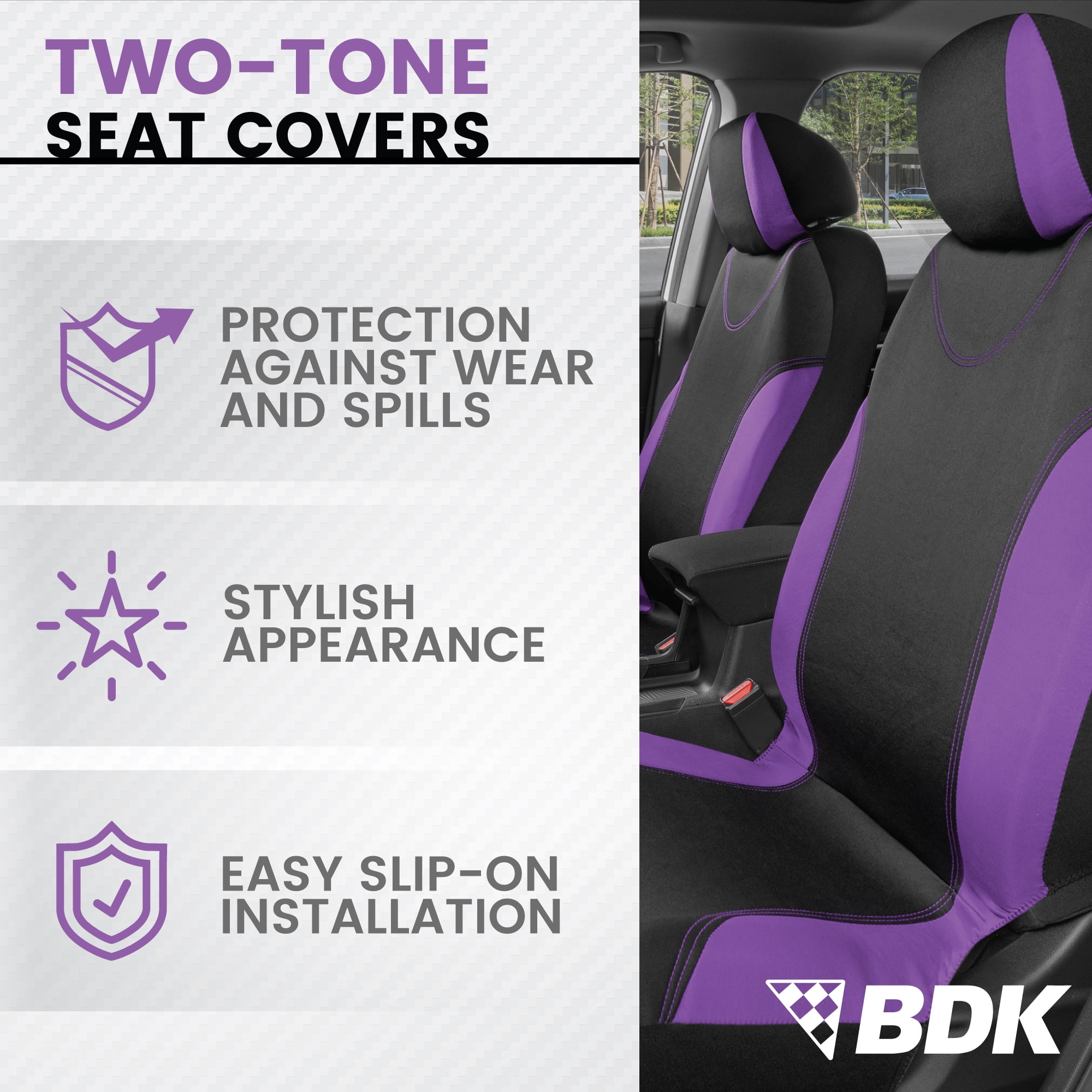 BDK UltraSleek Purple Seat Covers for Cars Full Set, Two-Tone Front Seat Covers with Matching Back Seat Cover, Stylish Car Seat Covers with Split Bench Design, Automotive Interior Covers