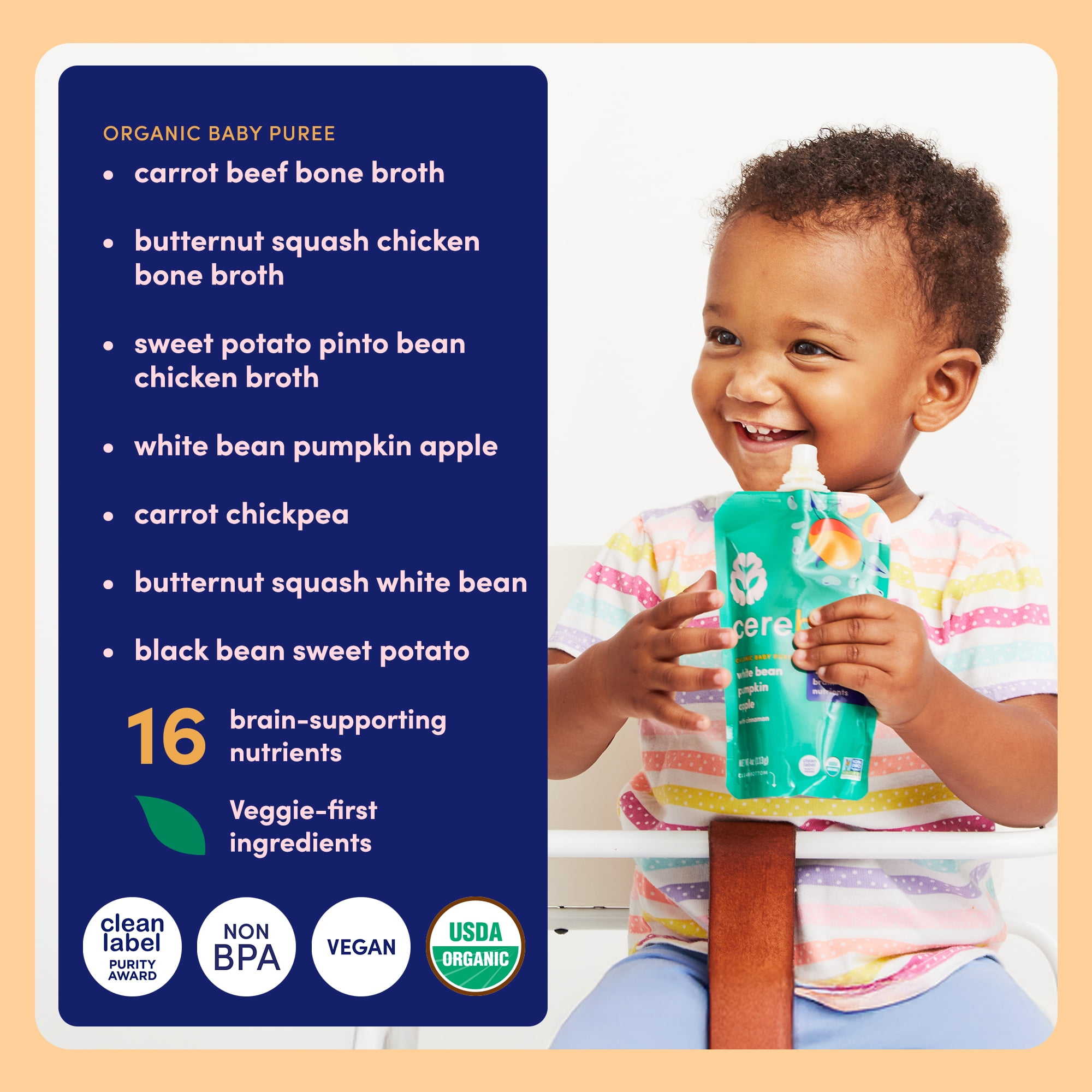 Cerebelly Organic Baby Food Pouches, Protein Bundle, 4 oz, Puree Toddler Pouches, 18 Pack
