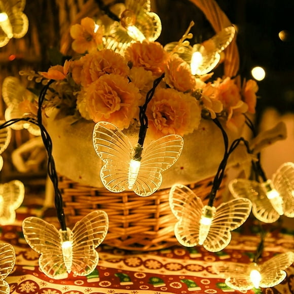 Cadena de luces LED, cadena de luces de cristal grande alimentada por energía solar, luz de colores con forma de mariposa e insectos, luz decorativa de colores a prueba de agua
