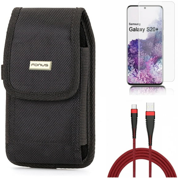 Screen Protector w Case Belt Clip w 10ft USB Cable for Samsung Galaxy S20 Plus - Tempered Glass [Fingerprint Unlock] 3D Curved Edge, Rugged Holster Canvas, Type-C Charger Cord fits Galaxy S20 Plus