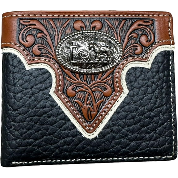 Western Stakes Mens Wallet Floral Tooled Cowboy Praying Concho Embossed Cowboy Western Leather Wallet High End Leather Mens Wallets Leather Rodeo Gifts For Men (Brown)