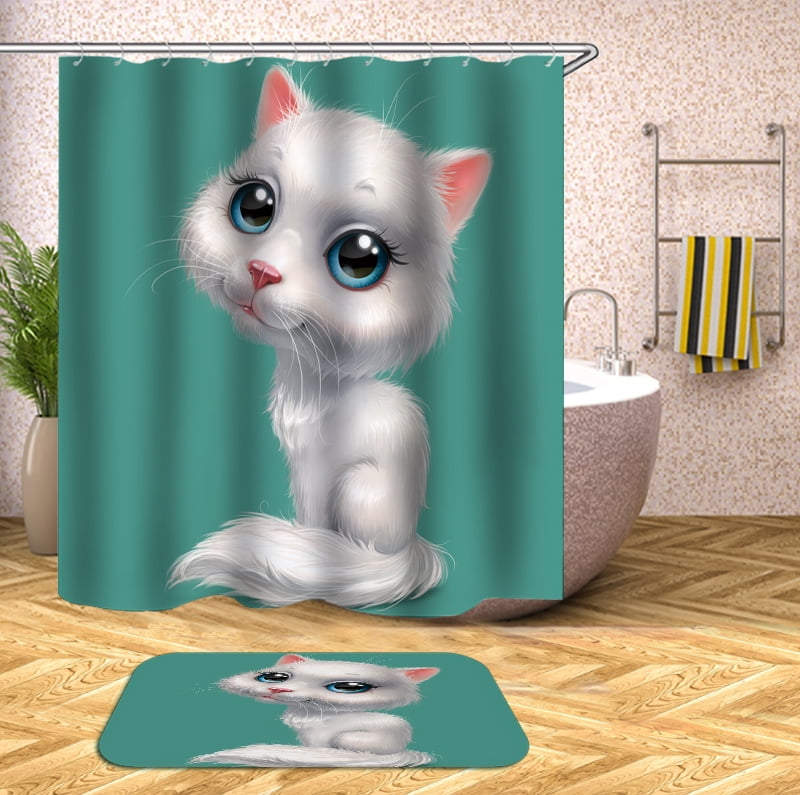 Animal Cute Cat Print Pattern Pattern Shower Curtain Set with Rug 36