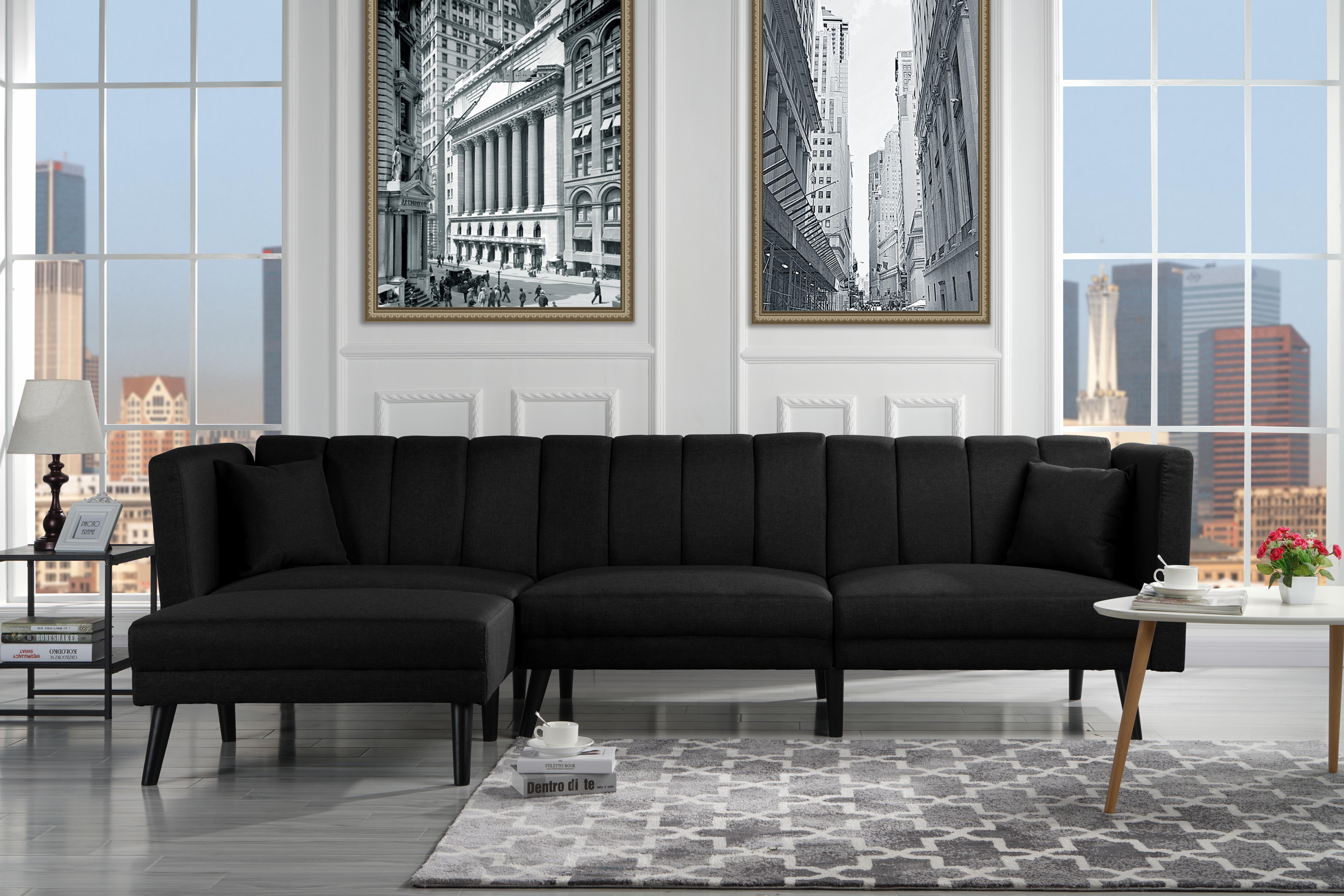 Black Mid-Century Sleeper Sectional Sofa Living Room Futon 
