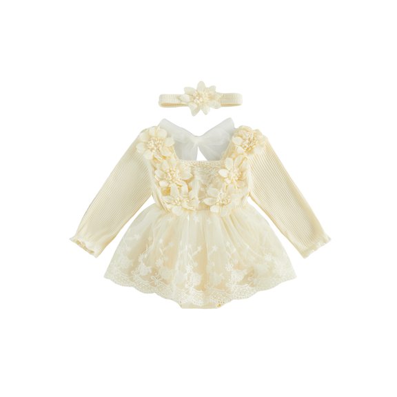 Cenuakty Baby Girl 2 Piece Outfit Adorable Flower Decor Long Sleeve Square Neck Tulle Romper Dress and Headband Set
