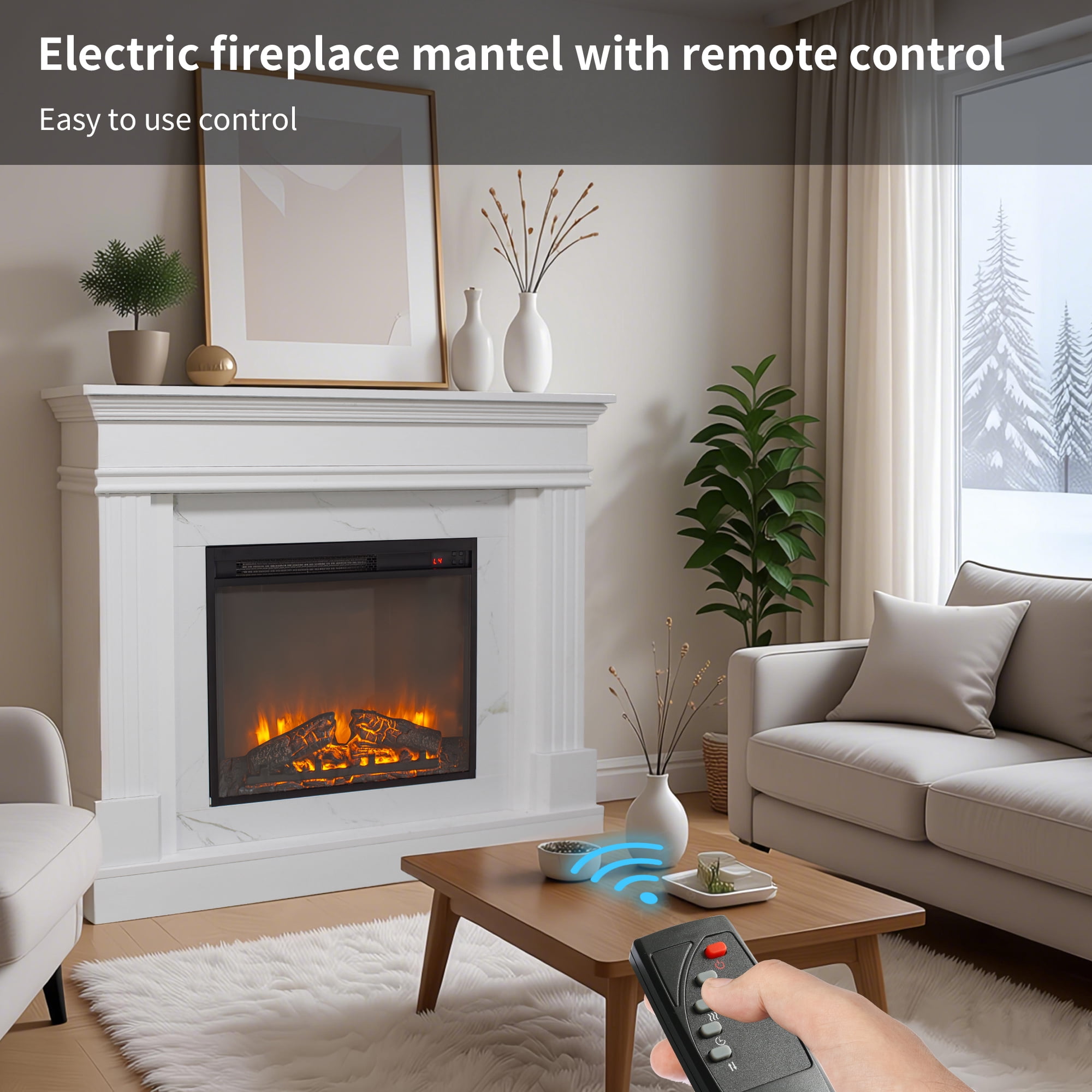 Innoflame 44" Electric Fireplace with Mantel, Freestanding Electric Fireplaces with Faux Marble, Remote, Timer, Adjustable Thermostat & Flame Brightness, White Fireplace for Living Room, 1400W