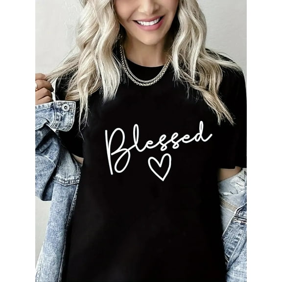 Women Crewneck Tshirt Blessed Graphic Shirt Casual Pure Cotton Short Sleeve Black Top