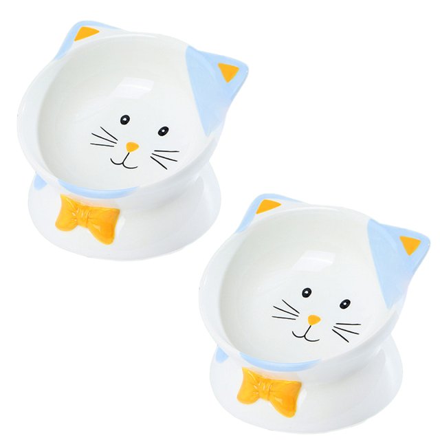 Cuencos elevados de cerámica para gatos, 2 uds., inclinados, protegen la columna vertebral del gato, sin estrés, previenen los vómitos