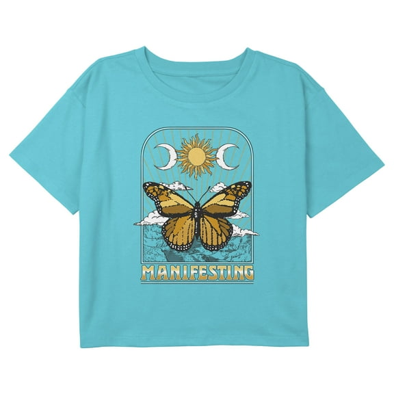 Girl's Lost Gods Manifesting Monarch Butterfly Graphic Cropped T-Shirt Blue X Small
