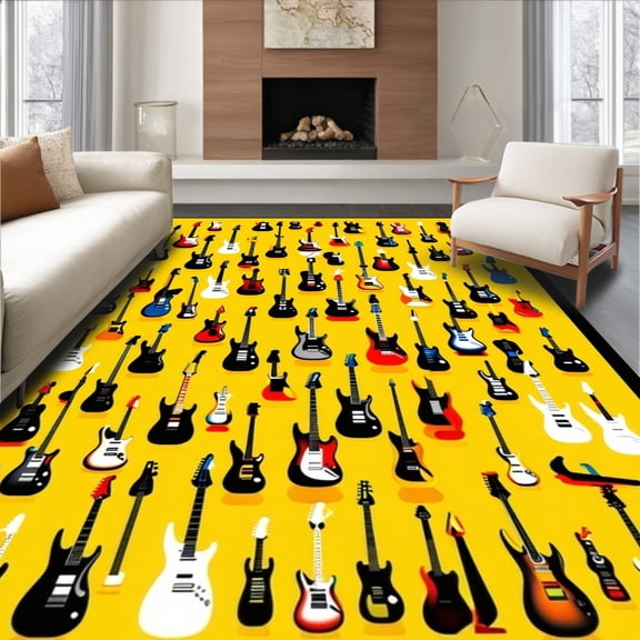 Flatwoven High Traffic Area Rug, Dynamic Electric Guitar Non Skid Floor, Non Slip, Stain Resistant, Washable Area Rugs for Living Room, Bedroom(Yellow, 4X6)