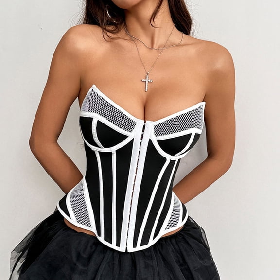 Women's Bustier Corset Top Strapless Push Up Boned Bodice with Mesh Panels Hook and Eye Closure for Cosplay Halloween Costume Rave Festival Party Clubwear