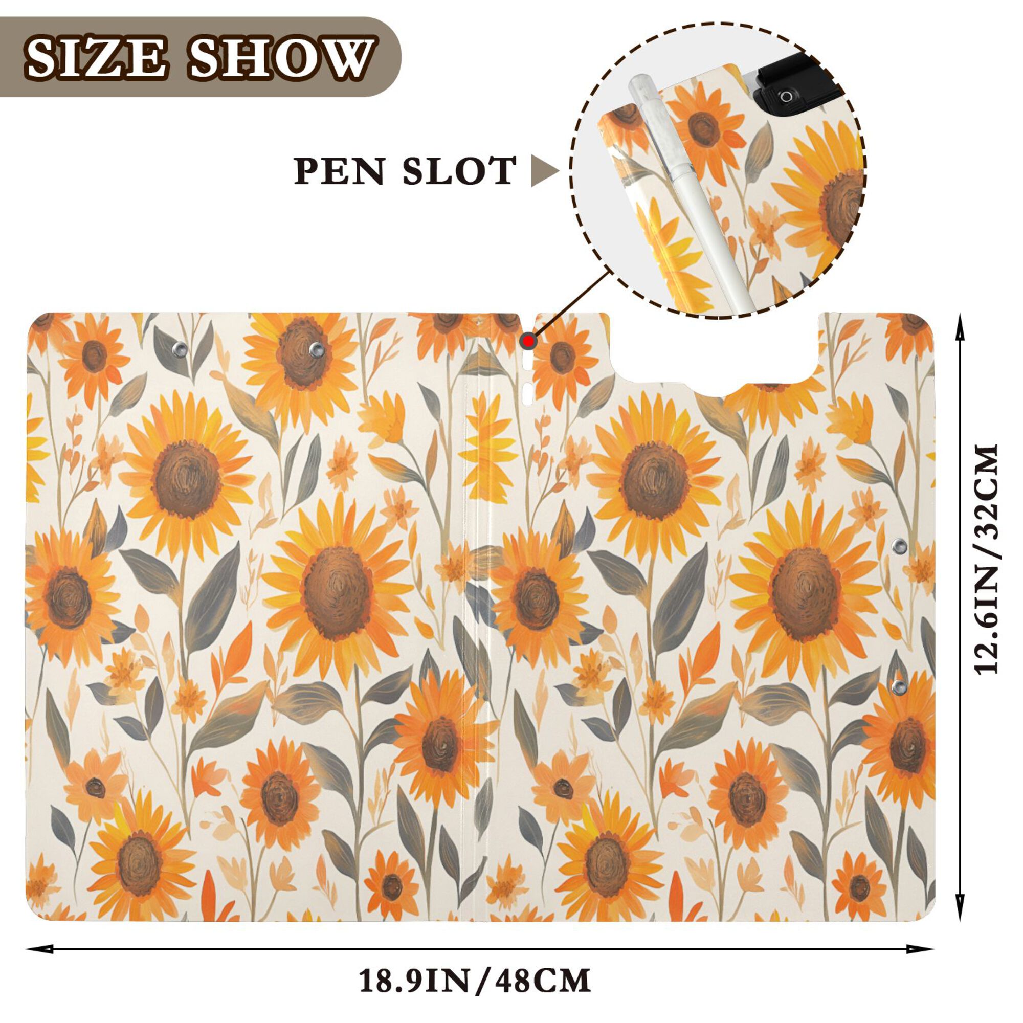 FORMRS A4 Clipboard Folder with Pen Holder Horizontal Foldable School Office Binder, Watercolor Sunflowers and Leaves