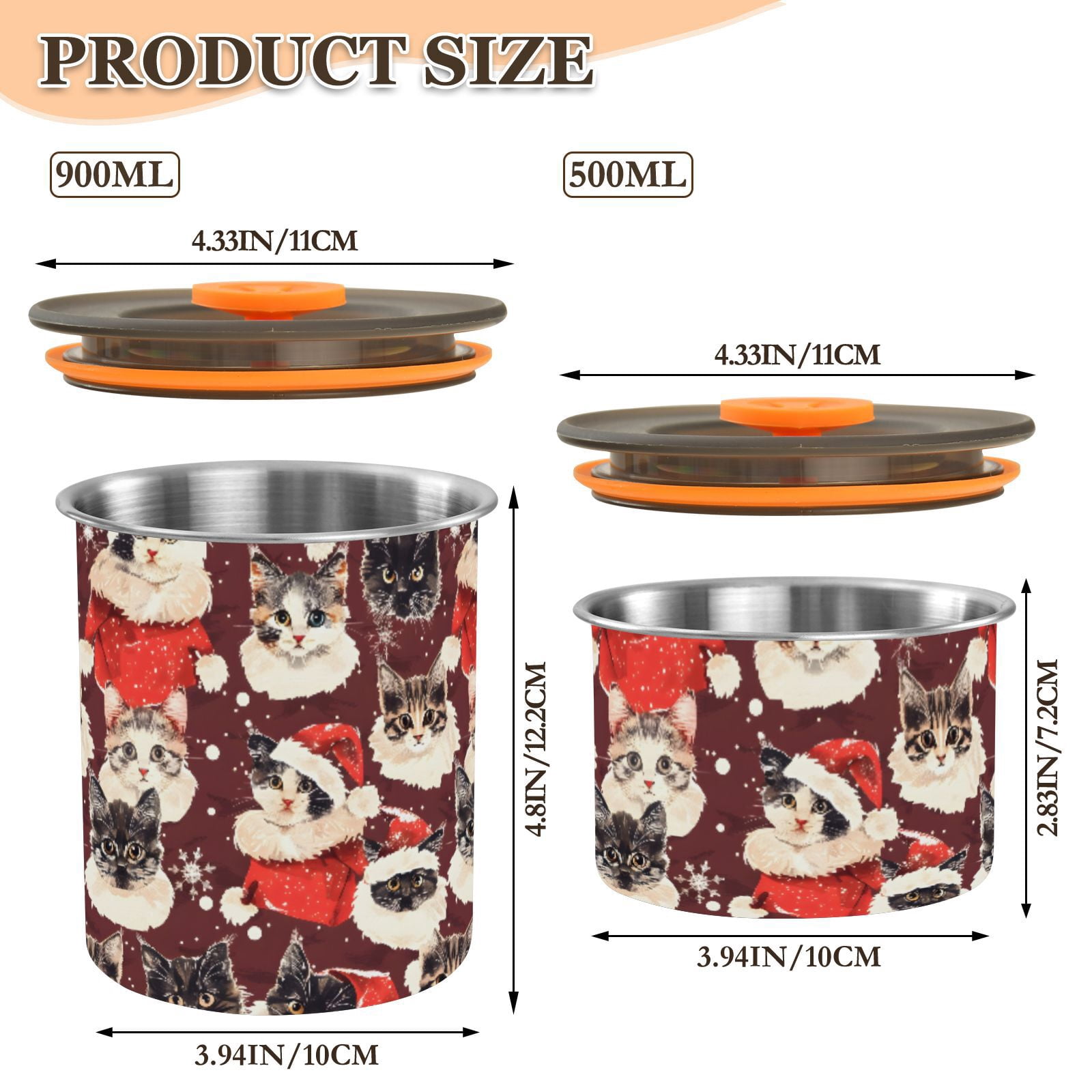 Christmas Cat Kitten Airtight Coffee Bean Canister 30oz Food Storage Containers with Lids For Gournd, Tea, Sugar, Flour, Rice, Cereal, Candy Cookie Jar