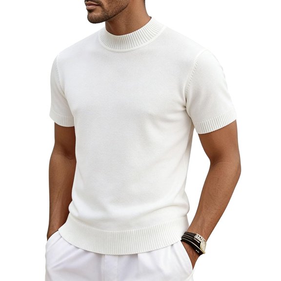 VSSSJ Men's Mock Turtleneck Knit Tops Short Sleeve Slim Fit Knitted Shirt Casual Breathable Classic Basic Solid Color Tee Shirts White L