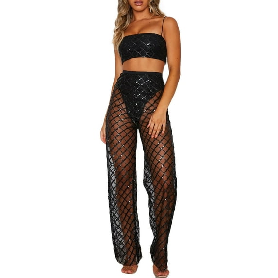 Women's Pure Color Transparent Pants, Elastic High Waist Long Trousers