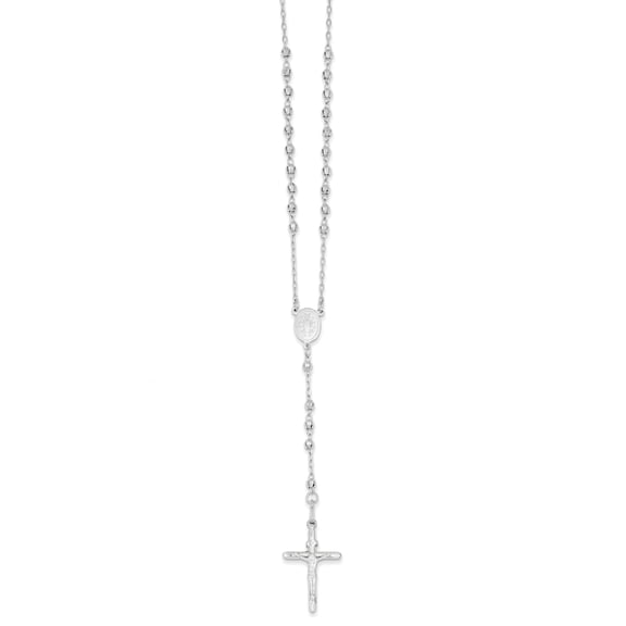 14k White Gold Diamond-cut 3mm Beaded Rosary Necklace