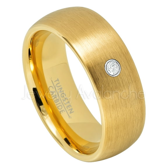 Yellow Gold Plated Dome Tungsten Wedding Band - 0.07ct Solitaire Diamond Ring - Personalized Tungsten Wedding Ring - Custom Made April Birthstone Ring TN690BS