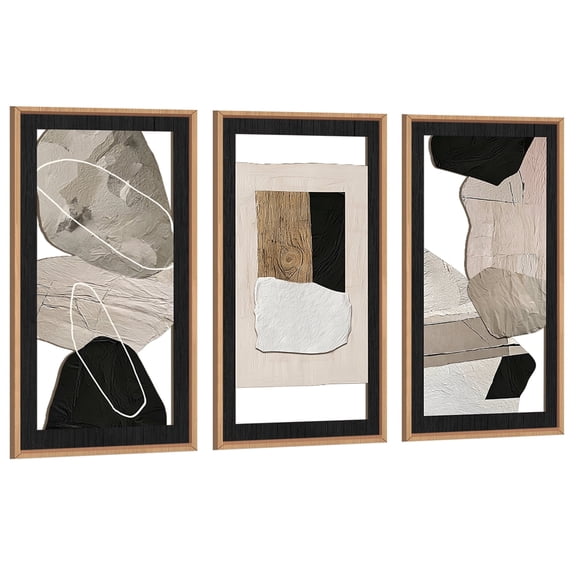 TOARTi Abstract Wood Wall Art Minimalist Black Beige Framed Sculpture Cut Out Set of 3 For Living Room Bedroom Office 8x16 Inch