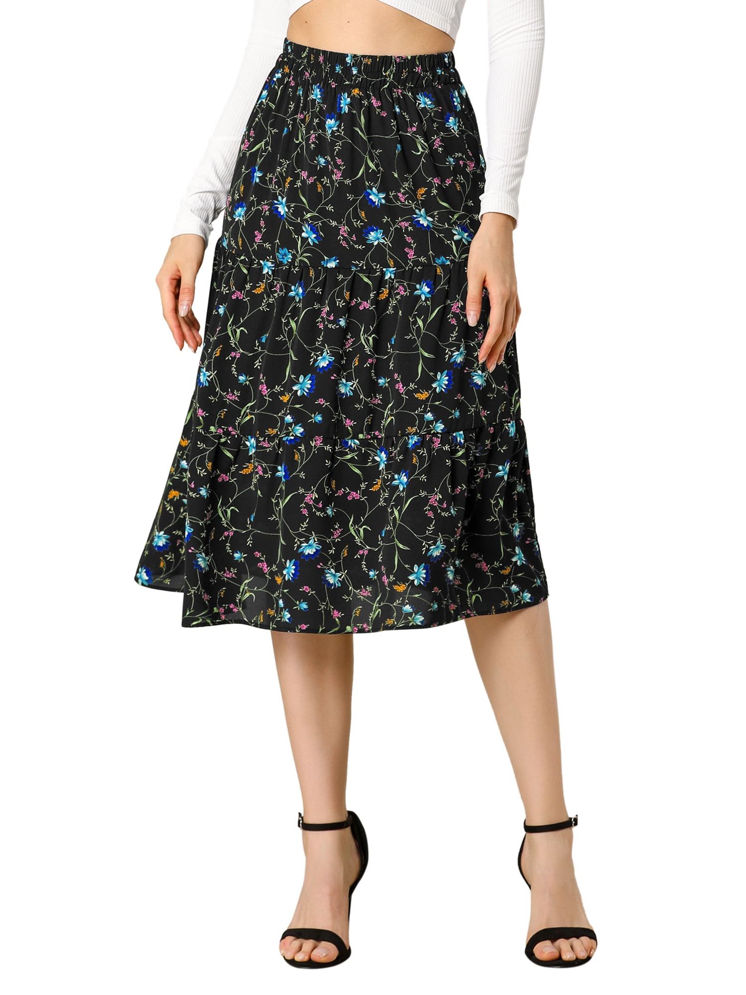 Allegra K Women's A-Line Floral Print Casual Midi Skirts - Walmart.com